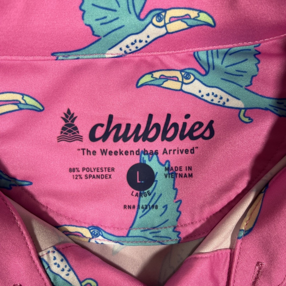 Chubbies Shirt Lightweight Mens Sz L The Toucan Do It Golf Polo Performance Pink - Picture 3 of 7